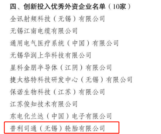 普利司通(無錫)輪胎有限公司進入創(chuàng)新投入優(yōu)秀外資企業(yè)名單